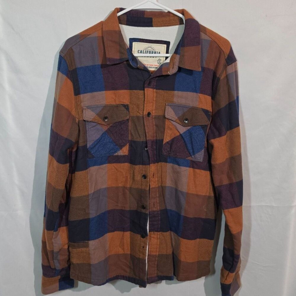 California Cowboy High Sierra Flannel Shirt Men's M Orange Blue Plaid Thermal